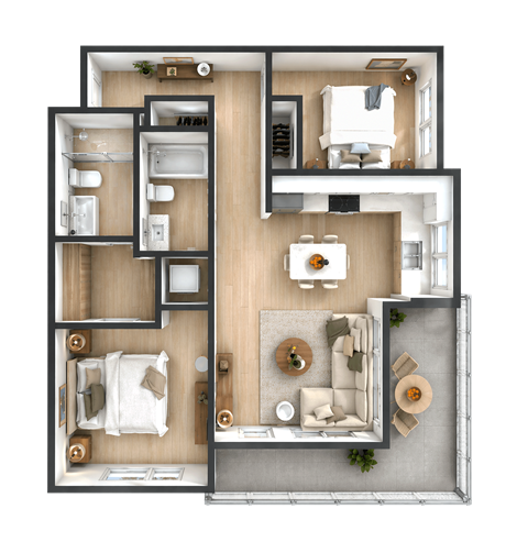 Floor plan for 2 beds, 2 baths, 853 sqft